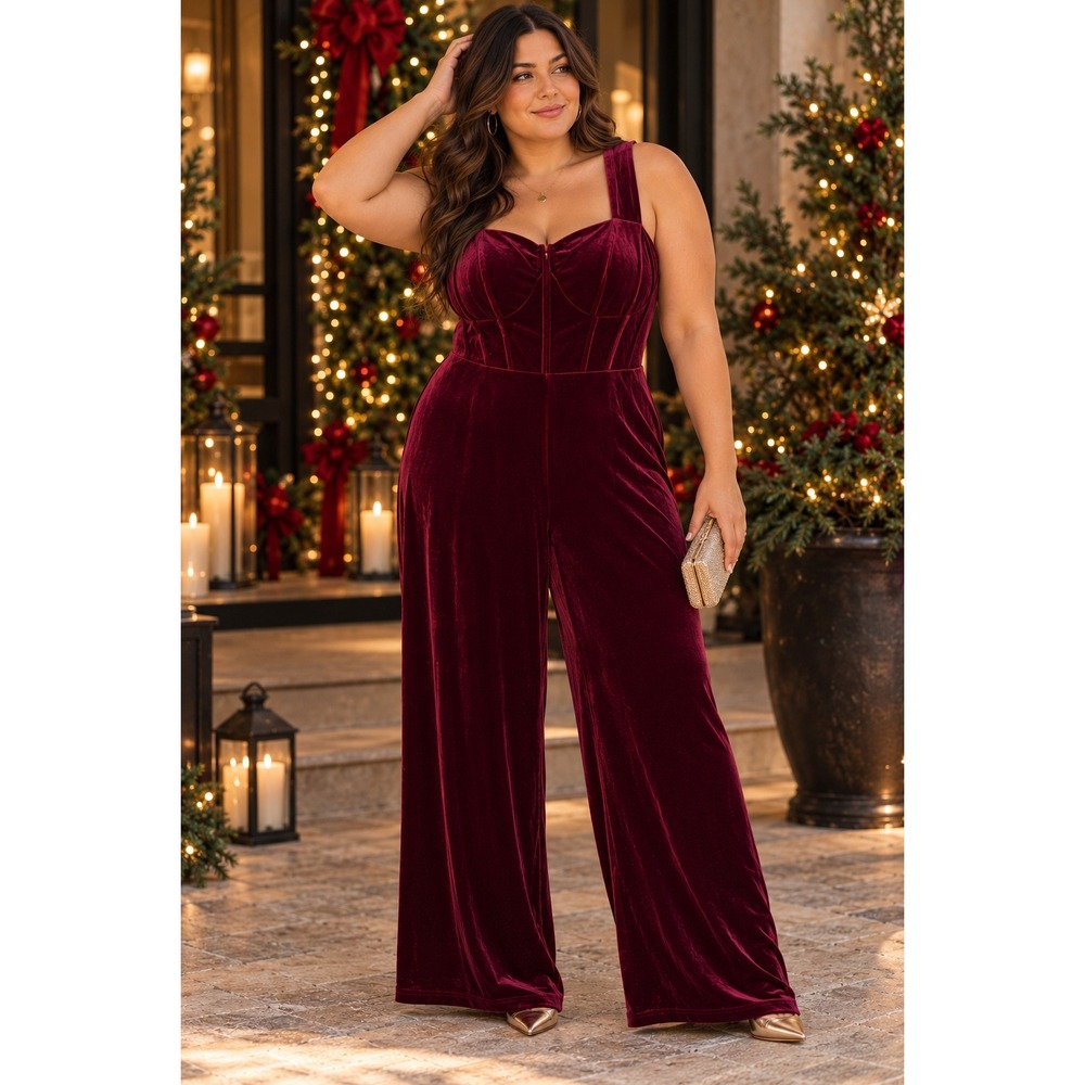 Cider NWT 3X Burgundy Velvet Corset Wide Leg Jumpsuit